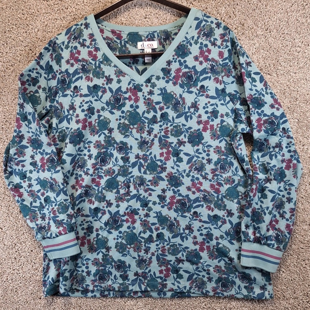 Denim & Co Top Womens L Blue Floral V-Neck Long Sleeve Pullover Knit Shirt Cozy